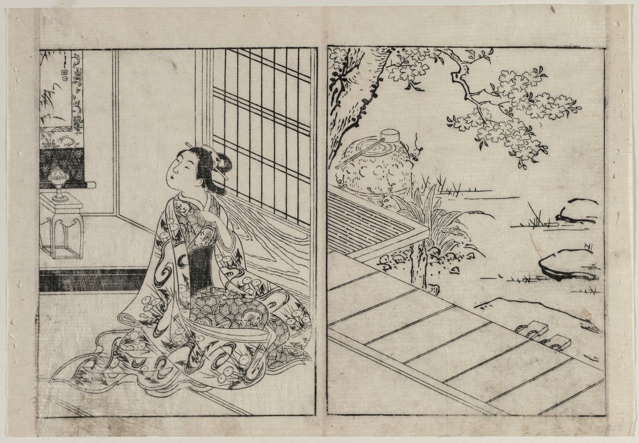 Femme regardant un rouleau suspendu - Nishikawa Sukenobu