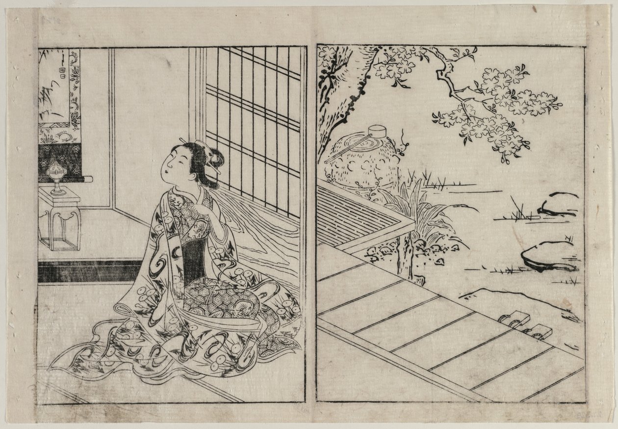 Femme regardant un rouleau suspendu, vers 1740 - Nishikawa Sukenobu