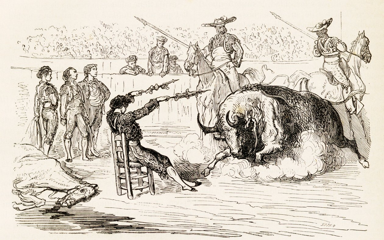 Un banderillero espagnol plaçant les banderilles assis sur une chaise, 1878 - Noel Eugene Sotain