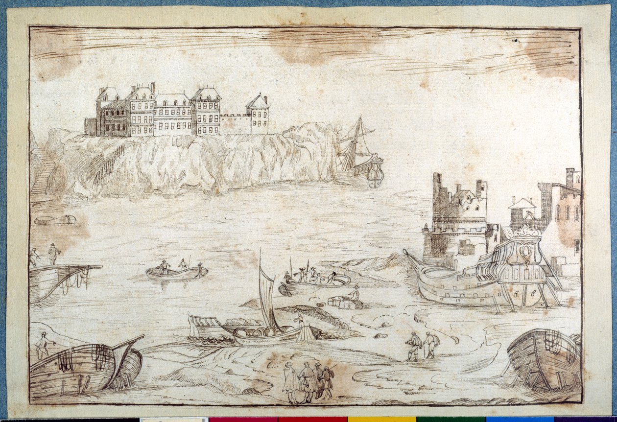 Un château surmontant des falaises, avec des études de galions et de bateaux de pêche - Noel Gasselin