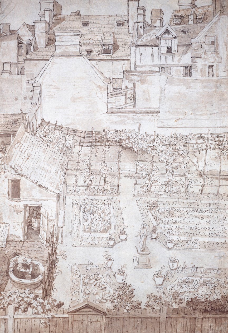 Un jardin de maison de ville, avec des parterres et une pergola de vigne, entouré de bâtiments, vers 1677 - Noel Gasselin