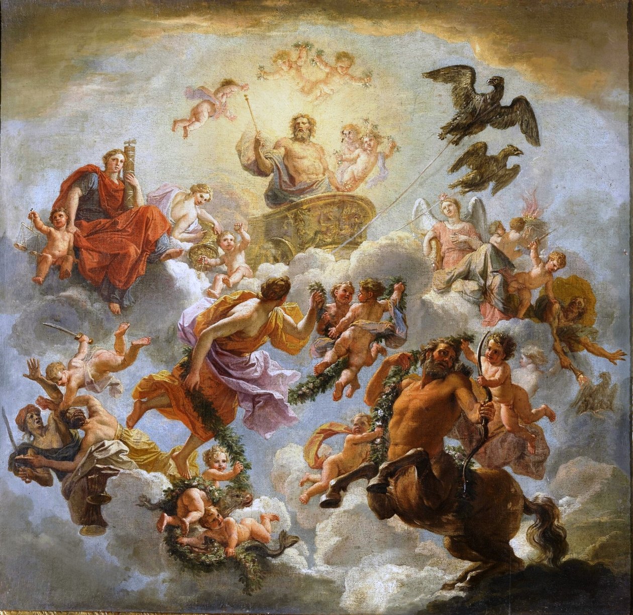 French: Jupiter accompagné de la Justice et de la Piété Jupiter Chariot between Justice and Piety - Noël Coypel