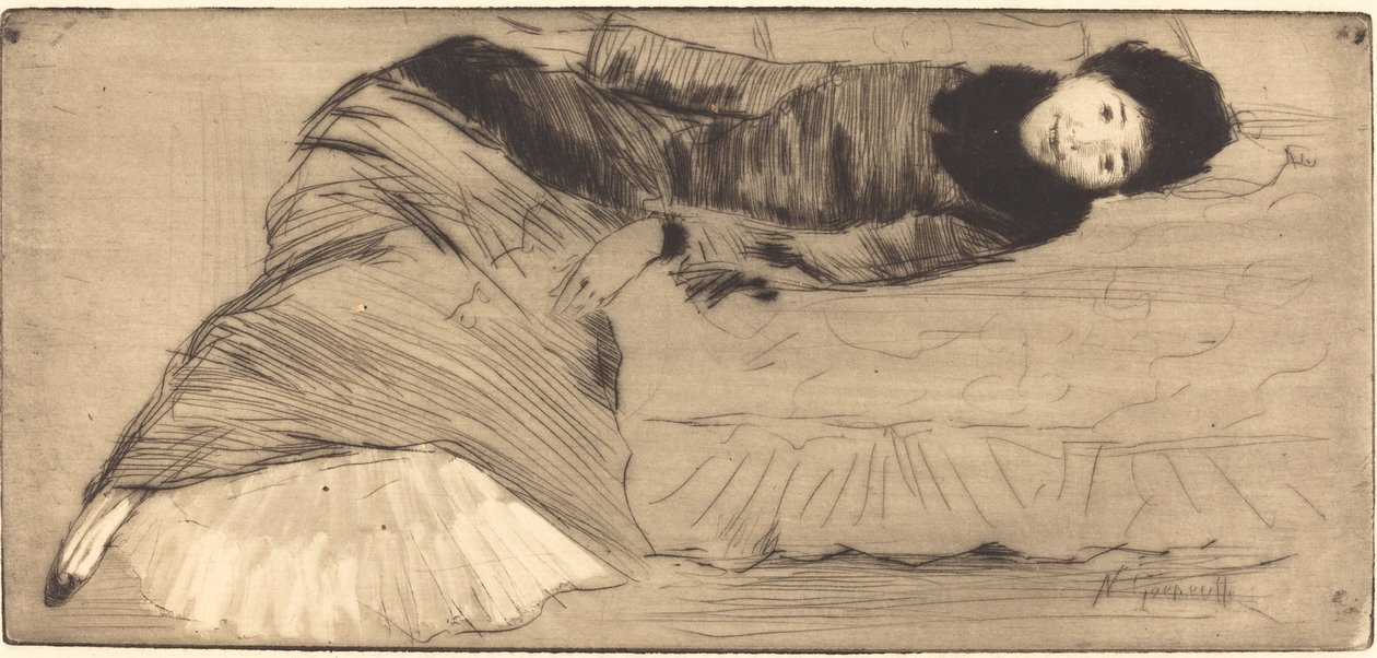 Femme souriant étendue sur un canapé - Norbert Goeneutte