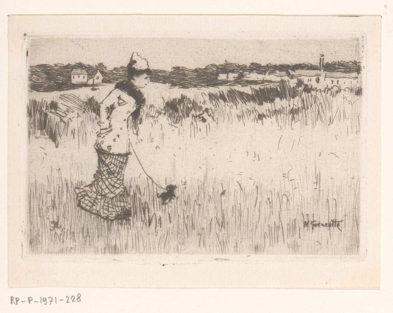 Dame marchant avec un chien dans un paysage - Norbert Goeneutte