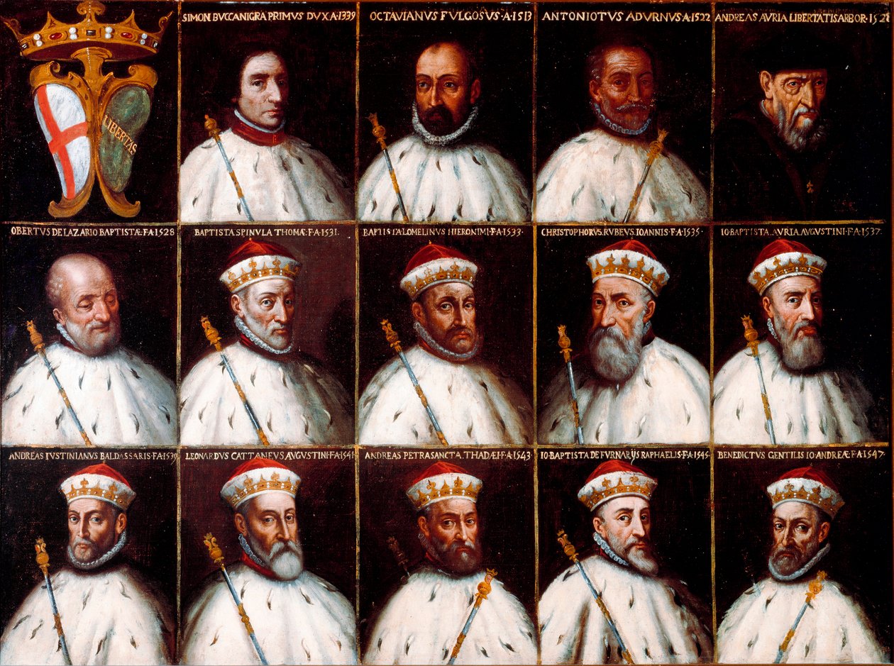 Armoiries de la République de Gênes et portraits des Doges - Simone Boccanegra, Ottaviano Fregoso et Antoniotto II Adorno; Andrea Doria. Oberto Cattaneo Lazzari, Battista Spinola, Battista Lomellini, Cristoforo Grilaldi Rosso, Giovanni Battista Doria - Northern Italian School