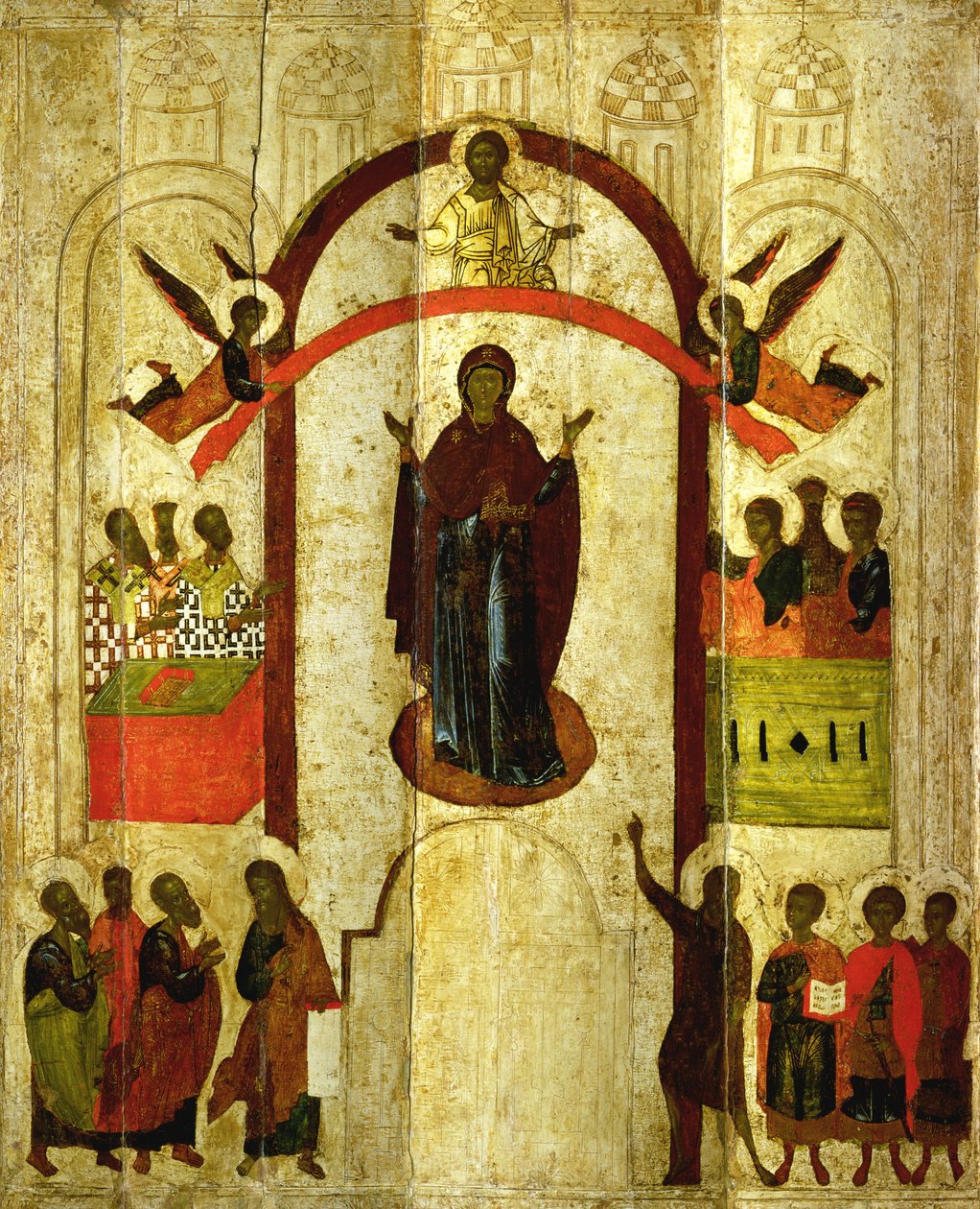 La Protection de la Théotokos (Mère de Dieu) icône russe du monastère de Zverin, 1399 - Novgorod School