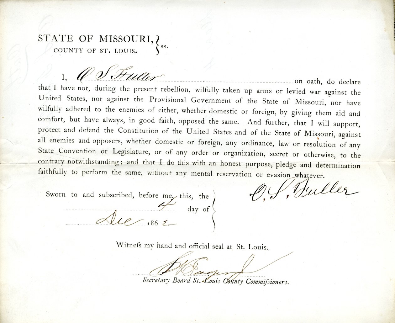 Serment de loyauté de O. S. Fuller du Missouri, comté de St. Louis - O.S. Fuller