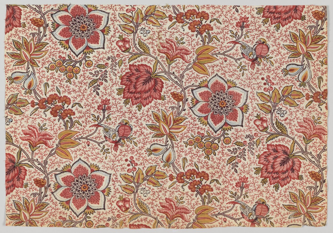 Fleurs et Oiseaux sur Fond de Brindilles Pointillées - Oberkampf and Cie.