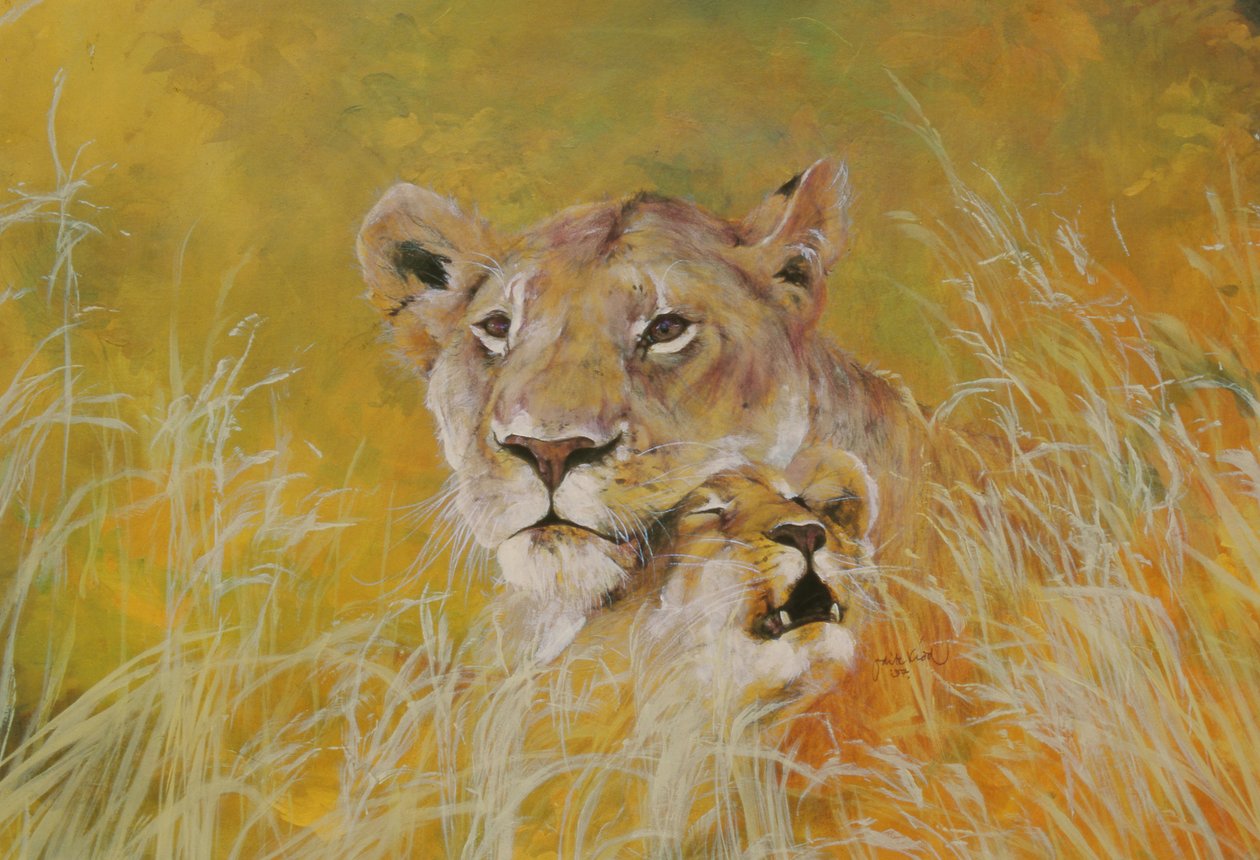 Mother and Baby I (Lions) 1995 (encres, acryliques et crayons sur papier) - Odile Kidd