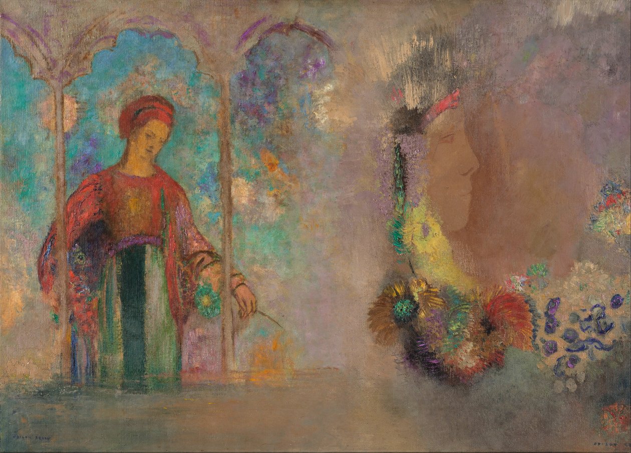 Femme dans une arcade gothique - femme avec des fleurs - Odilon Redon