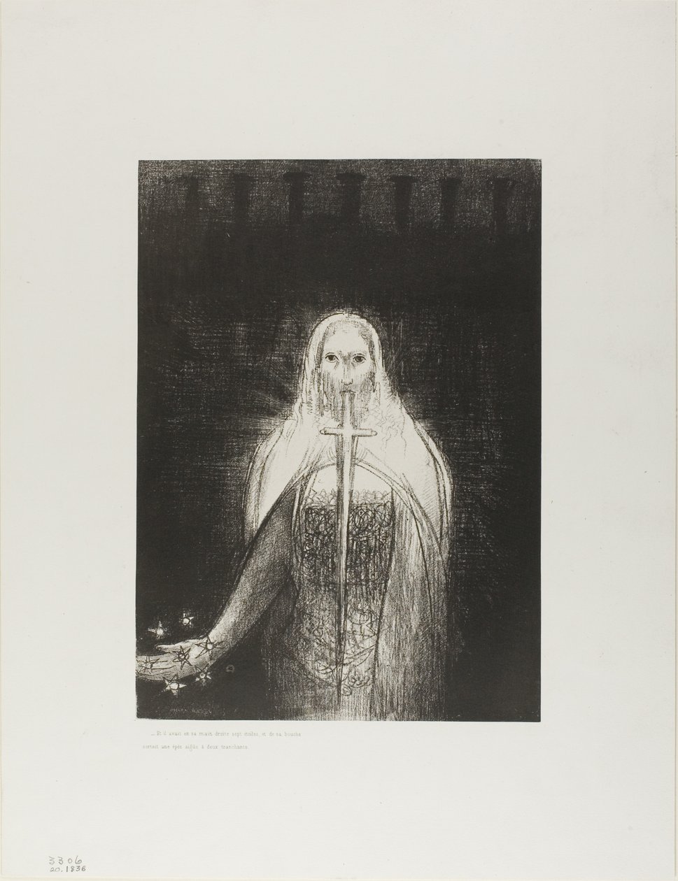 Et il avait dans sa main droite sept étoiles ; et de sa bouche sortait une épée à double tranchant, planche 1 de 12 - Odilon Redon