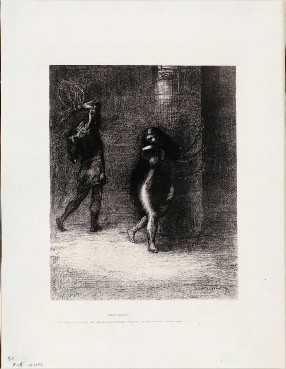 Saint Antoine : « Sous ses longs cheveux, qui couvraient son visage, je pensais reconnaître Ammonaria », planche 1 de 6 - Odilon Redon