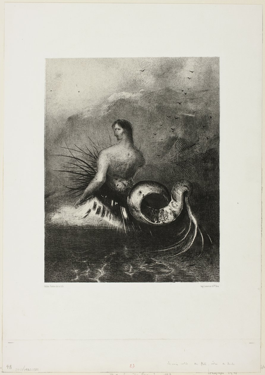 Sirène sortant des vagues, vêtue de flammes, planche 4 de 8 de "Les Origines" - Odilon Redon