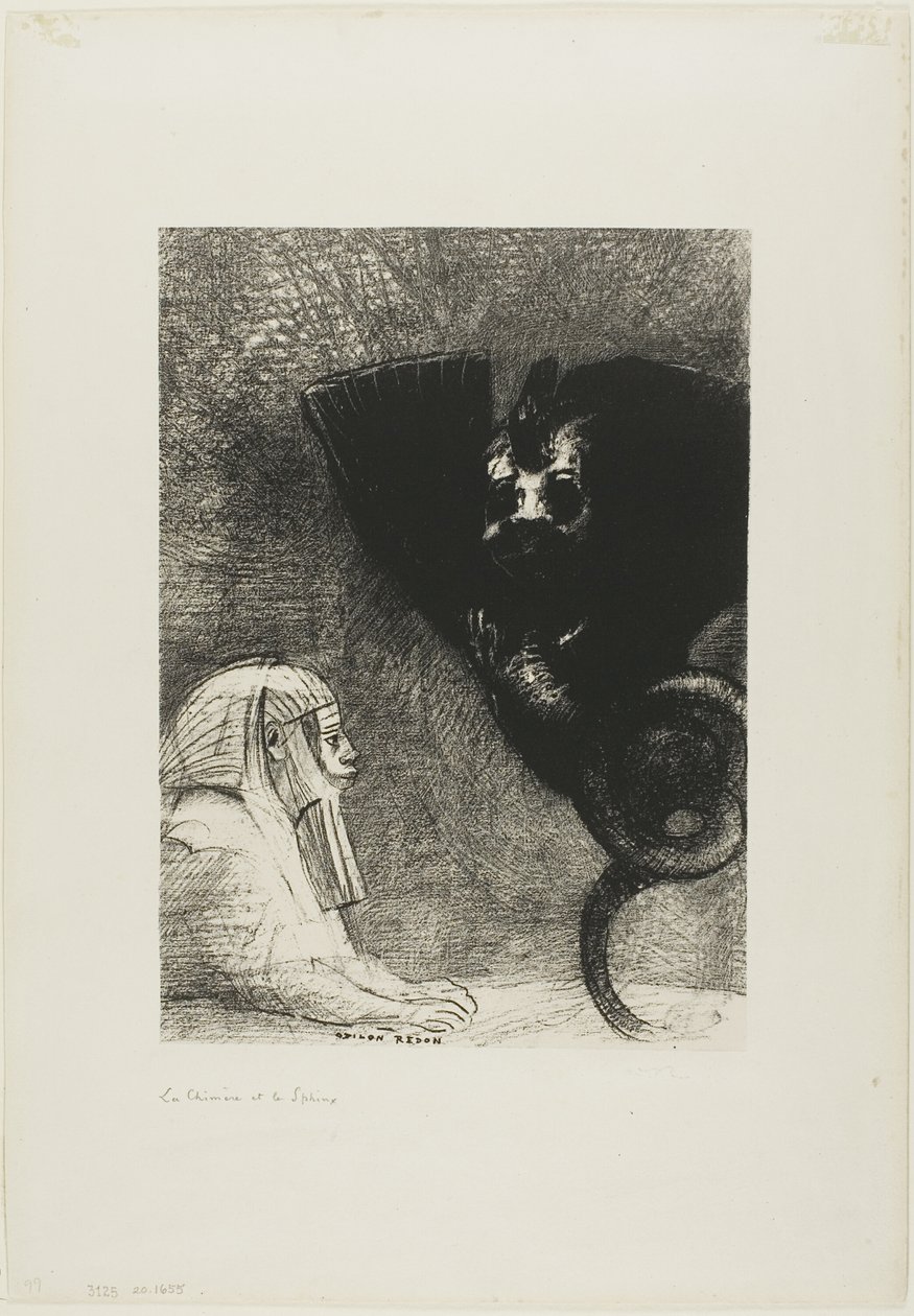 Le Sphinx : "...mon regard que rien ne peut détourner, traversant les objets, reste fixé sur un horizon inaccessible." La Chimère : "Quant à moi, je suis légère et joyeuse," planche 5 de À Gustave Flaubert - Odilon Redon