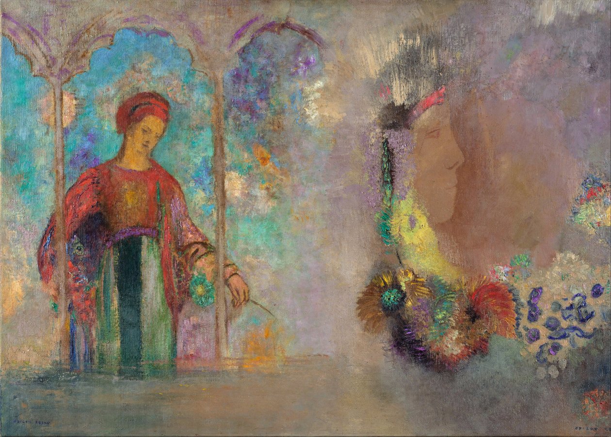 Femme dans une arcade gothique - Femme avec des fleurs - Odilon Redon