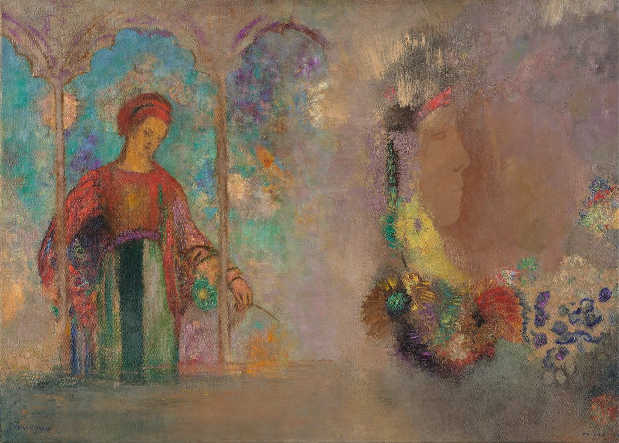 Femme dans une galerie gothique : femme avec des fleurs - Odilon Redon