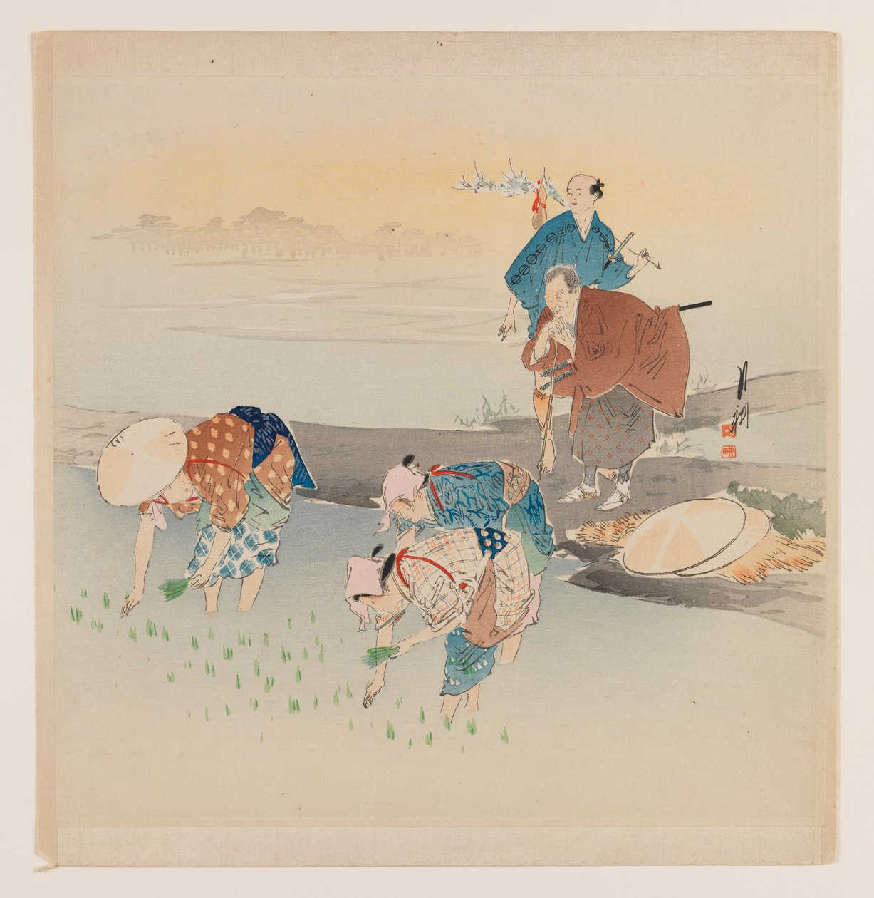 Homme et femme plantant du riz, vers 1890-1910 - Ogata Gekko