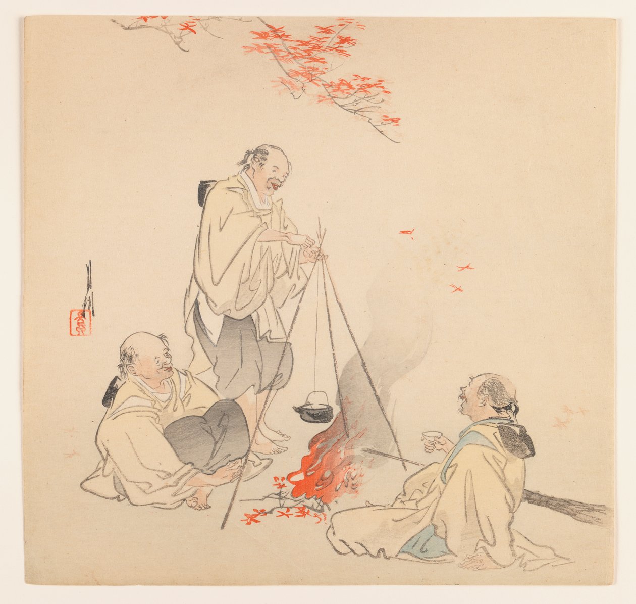 Hommes près du feu en automne, vers 1890-1910 - Ogata Gekko