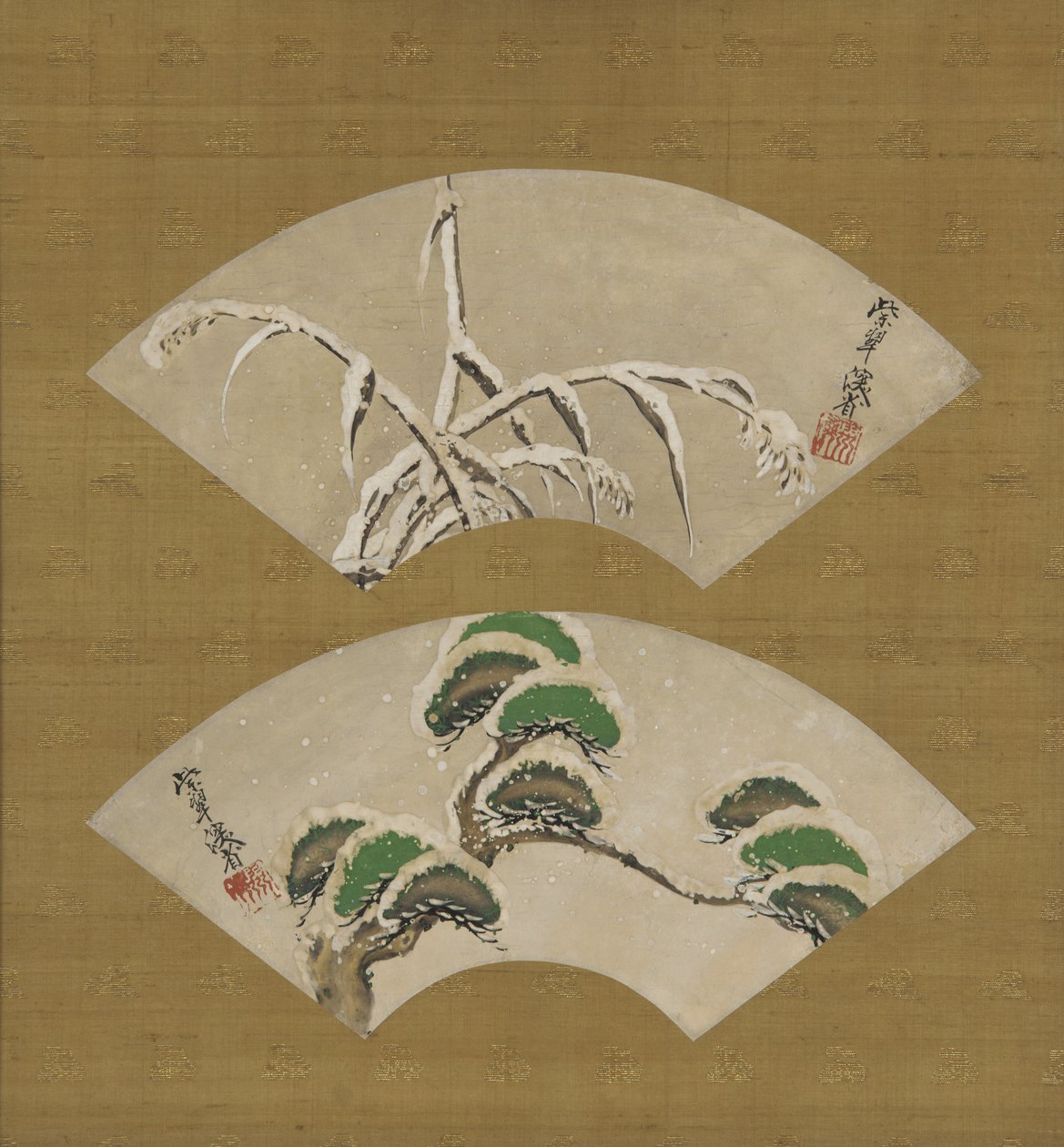 Herbes chargées de neige et branches de pin chargées de neige, Éventail - Ogata Kenzan