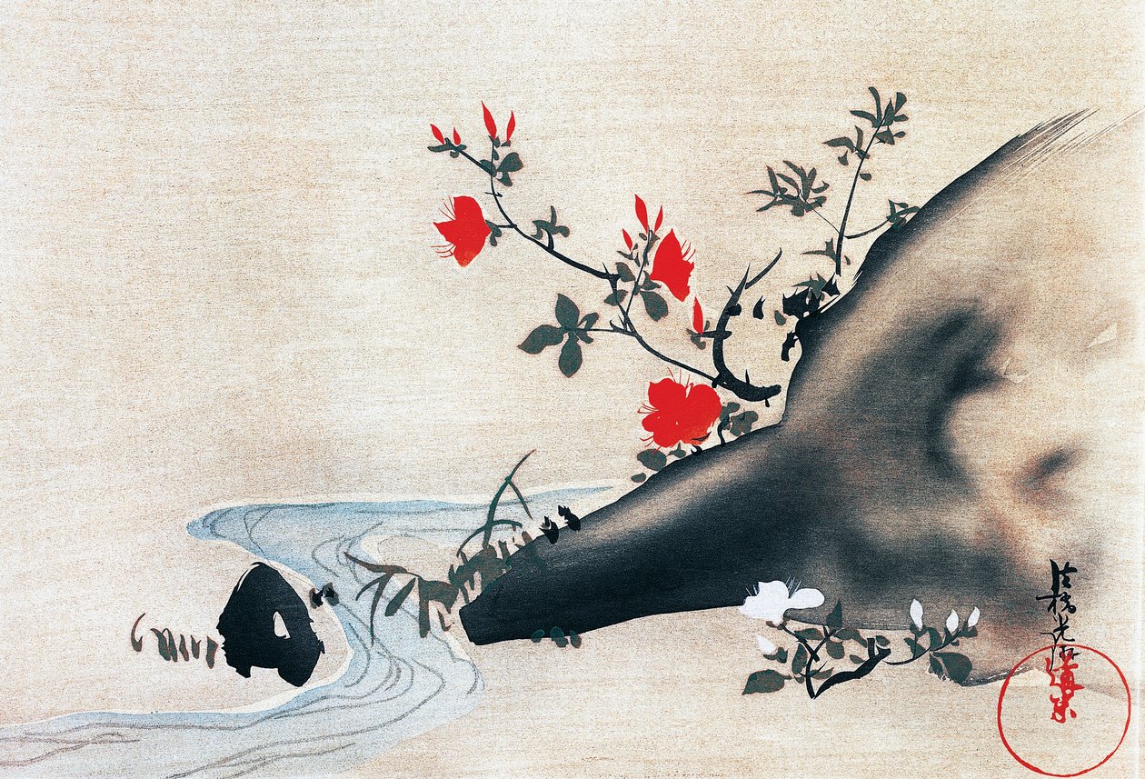 Azalées et ruisseau, kakemonos (rouleaux suspendus) peints sur soie par Korin Ogata (1658-1716), période Edo (1603-1868), Japon - Ogata Korin