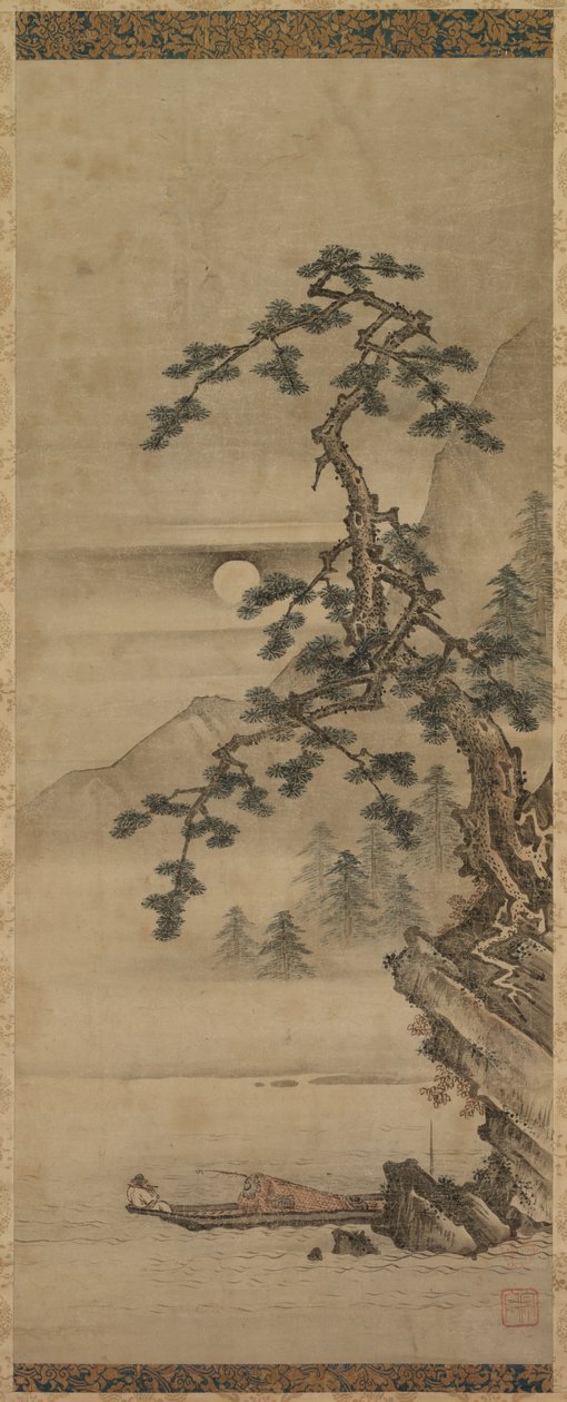 Paysage au clair de lune avec un vieil homme dans un bateau, période Muromachi, 1392-1573 - Oguri Sotan