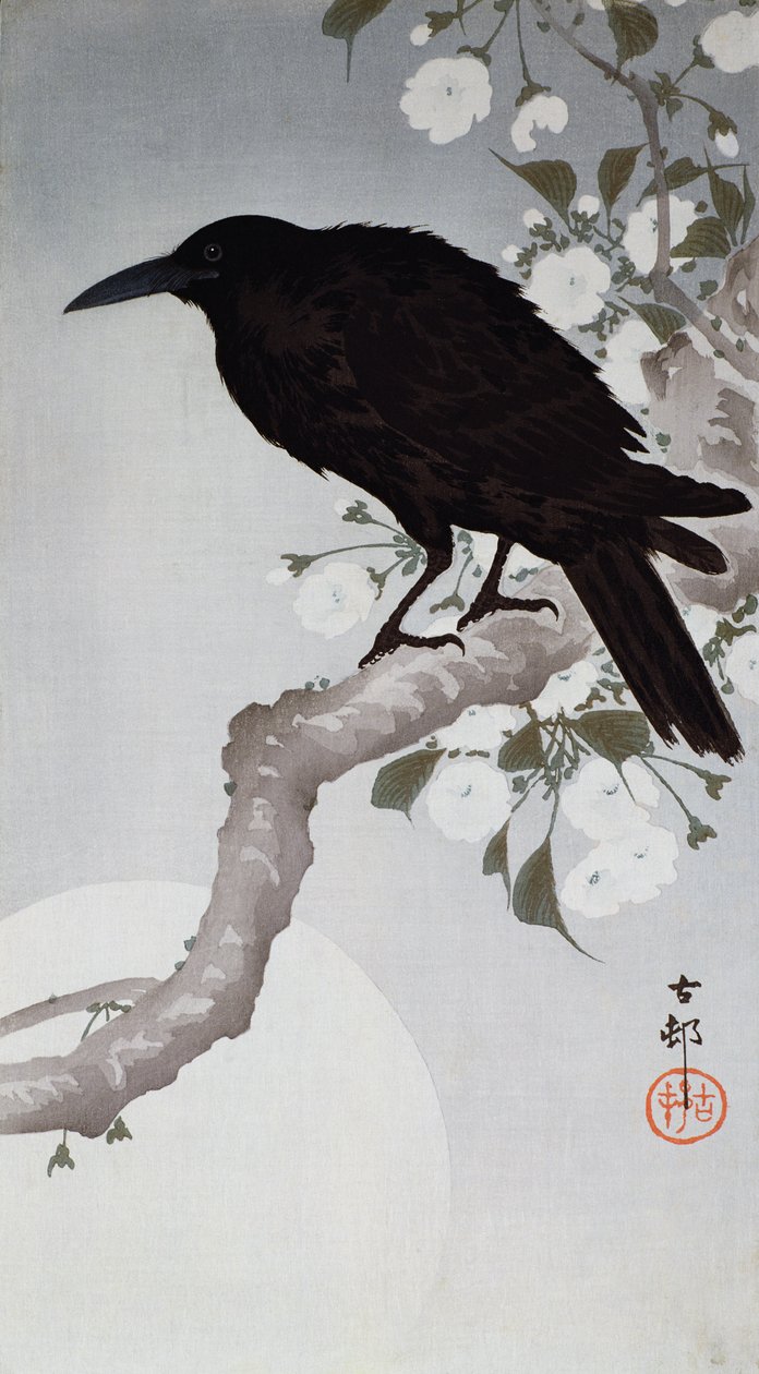 Un Oiseau Noir sur une Branche au Clair de Lune - Ohara Koson
