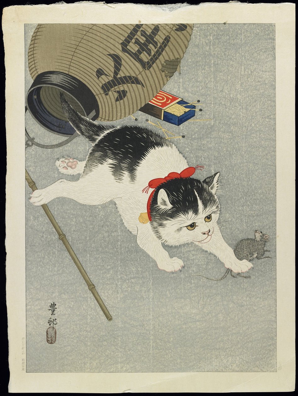 Chaton et lanterne, années 1930 - Ohara Koson