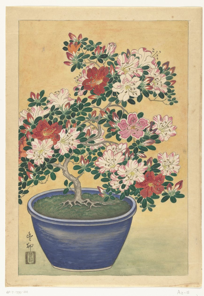 Azalée en fleurs dans un pot bleu - Ohara Koson (signed by artist)