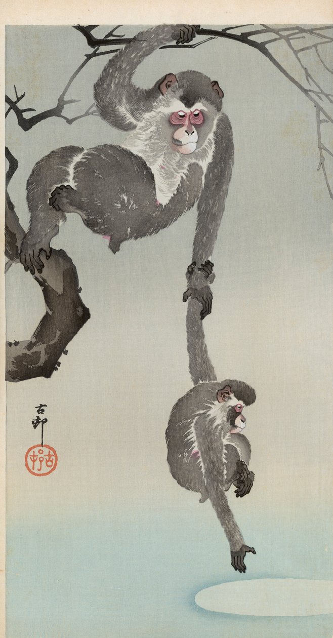 Singe et bébé atteignant le reflet de la lune - Ohara Koson