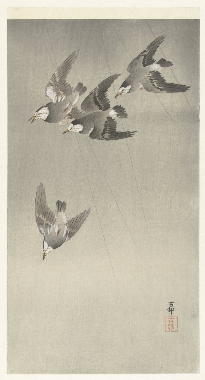 Étourneaux sous la pluie - Ohara Koson