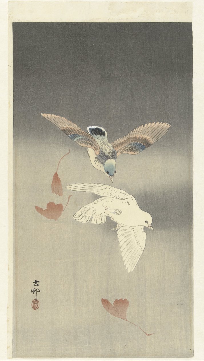 Deux pigeons avec des feuilles de ginkgo tombantes - Ohara Koson