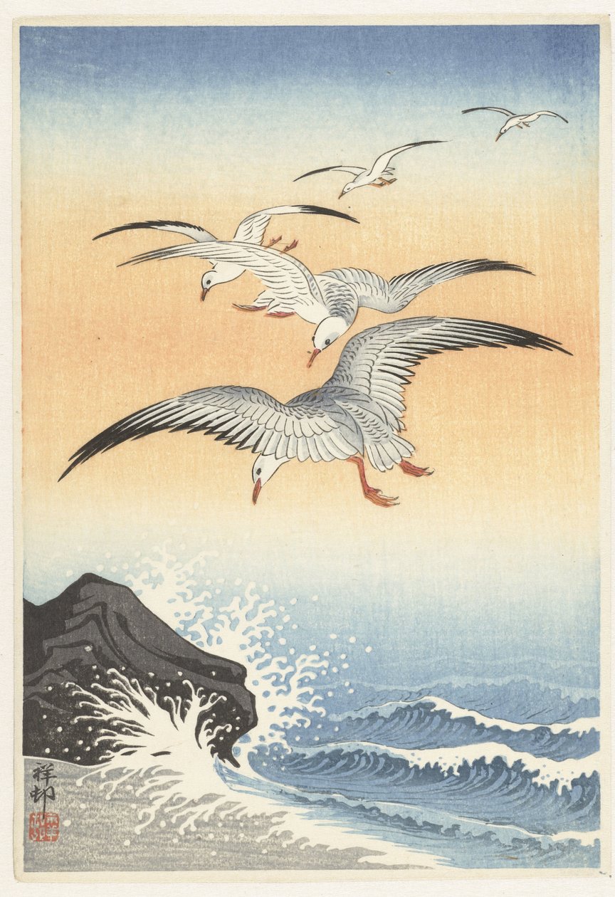 Vijf zeemeeuwen boven onstuimige zee - Ohara Koson