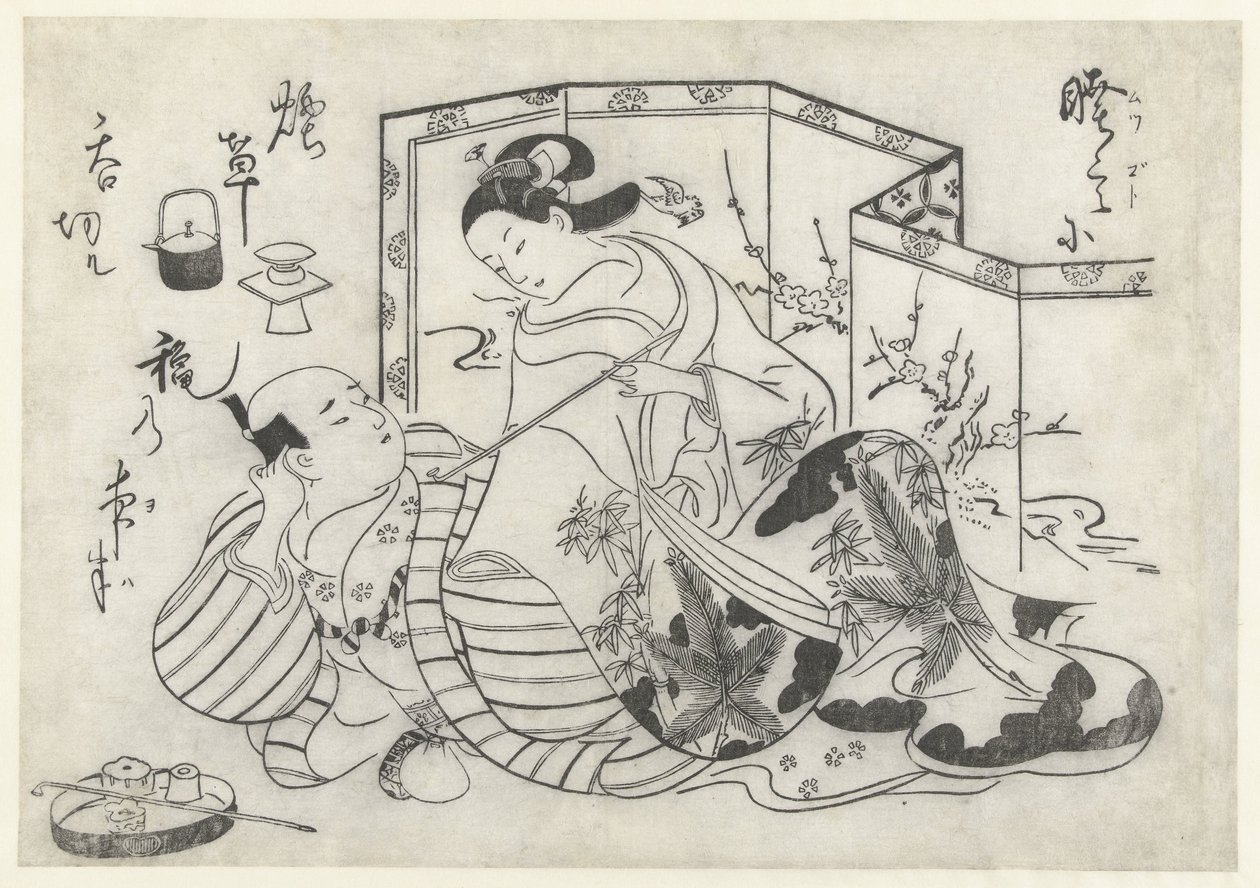 Homme et femme japonais, fumant devant un paravent - Okumura Masanobu (attributed to)