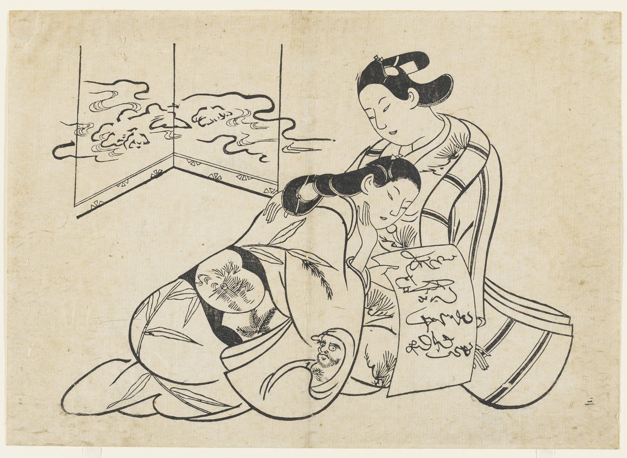 (Amants en mitate de Daruma traversant le Yangtsé sur un roseau) - Okumura Masanobu