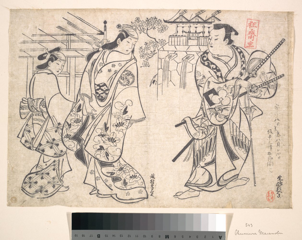 Ikushima Shingoro en Bushi (samouraï) et Ogino Yaegiri en femme avec une jeune accompagnatrice - Okumura Masanobu