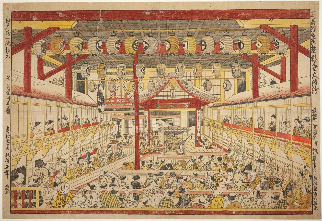 Grande image perspective de la performance Kaomise sur la scène Kabuki (Shibai kyogen butai kaomise o uki-e) - Okumura Masanobu