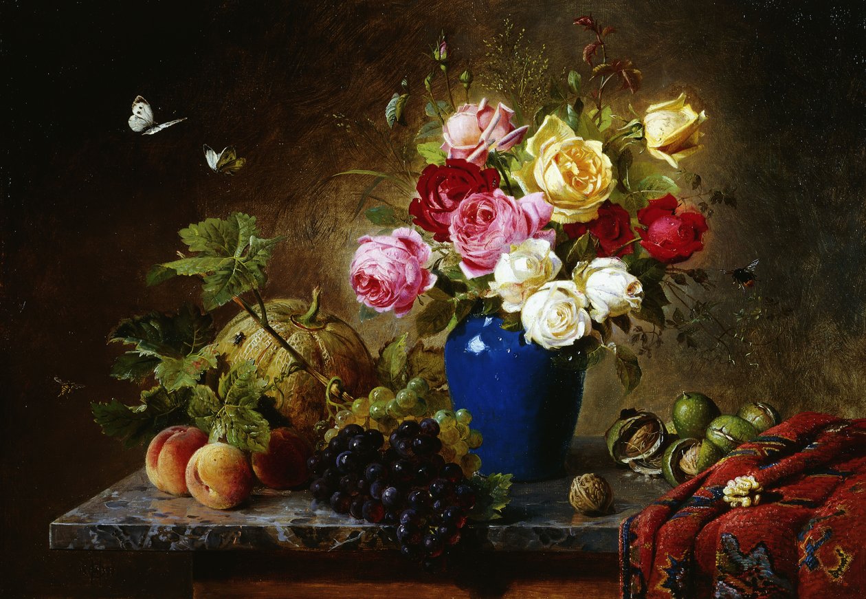Roses dans un vase, pêches, noix et un melon sur un rebord marbré, 1891 - Olaf August Hermansen