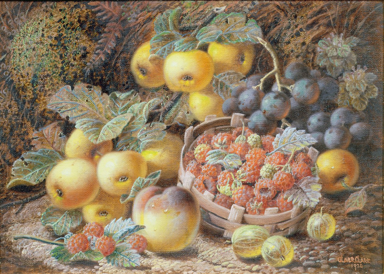 Nature morte de pommes, raisins, framboises, groseilles et pêche - Oliver Clare