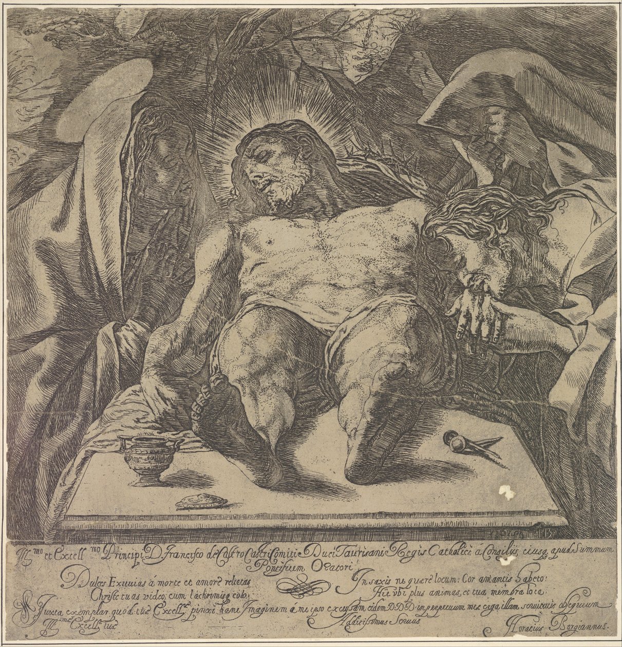 Lamentation sur le corps du Christ par les trois Marie, un pot de pommade sur la table à..., 1615 - Orazio Borgianni