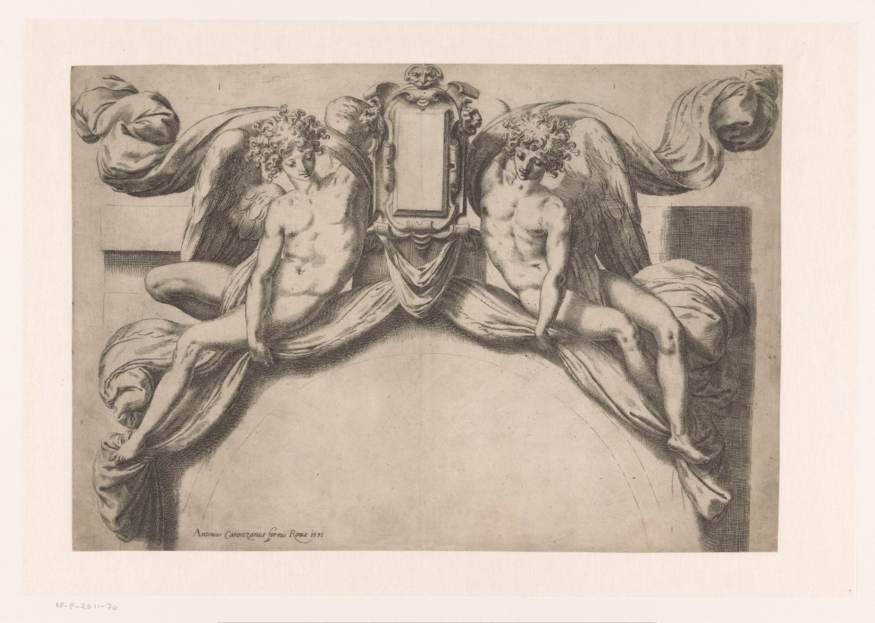 Conception pour un encadrement de porte avec deux génies tenant une cartouche - Orazio de Santis (attributed to)