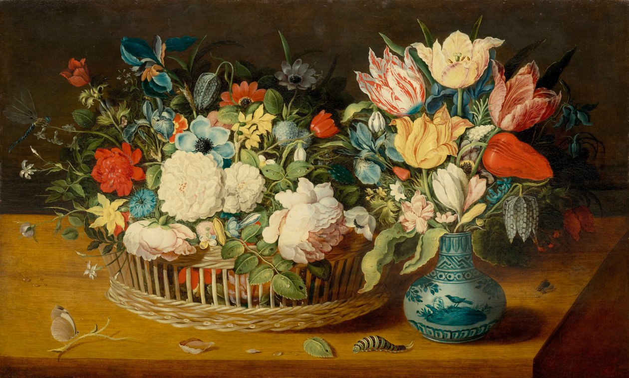 Nature morte avec des fleurs dans un panier tressé et un bouquet dans un vase en porcelaine - Osias the Elder Beert