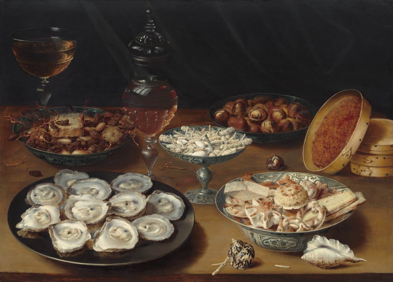 Plats avec huîtres, fruits et vin - Osias Beert the Elder