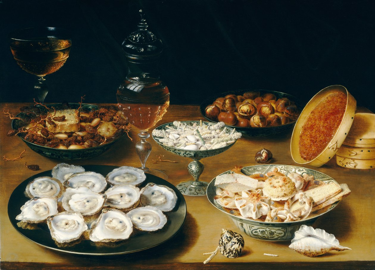 Plats avec huîtres, fruits et vin, vers 1620-25 - Osias the Elder Beert