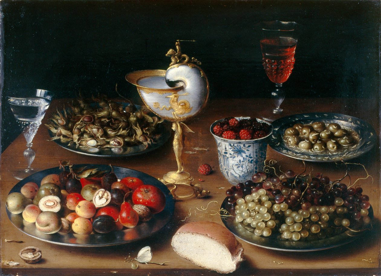 Nature morte avec coupe de nautile, fruits, noix et vin - Osias the Elder Beert