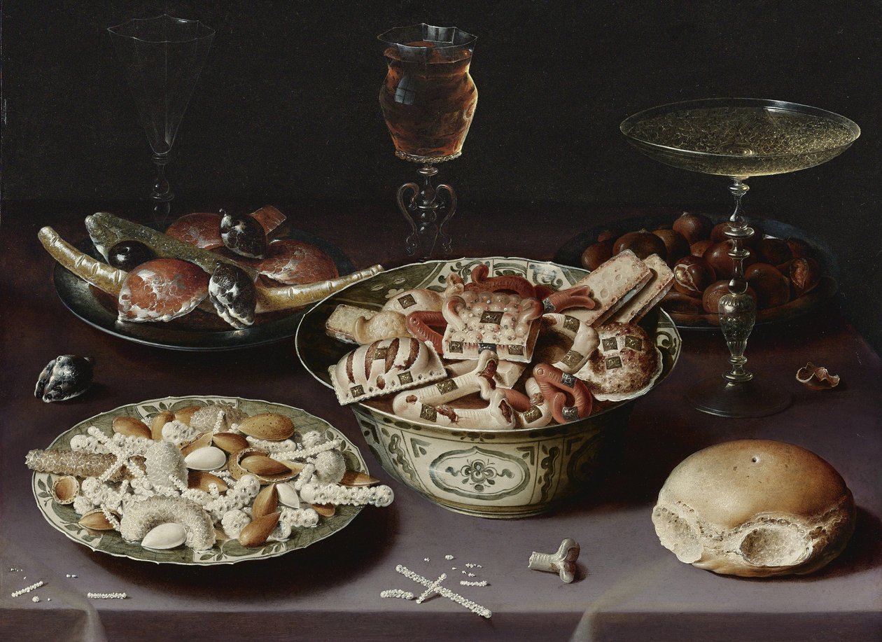 Nature morte avec des sucreries, des châtaignes et un petit pain - Osias the Elder Beert