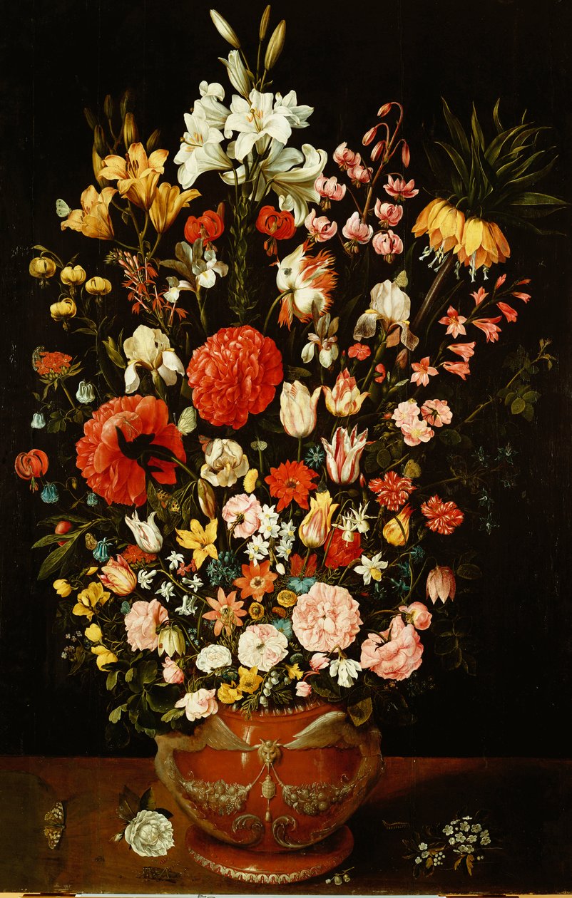 Tulipes, lys, iris, roses, œillets, pivoines et autres fleurs dans une urne en terre cuite sculptée - Osias the Elder Beert