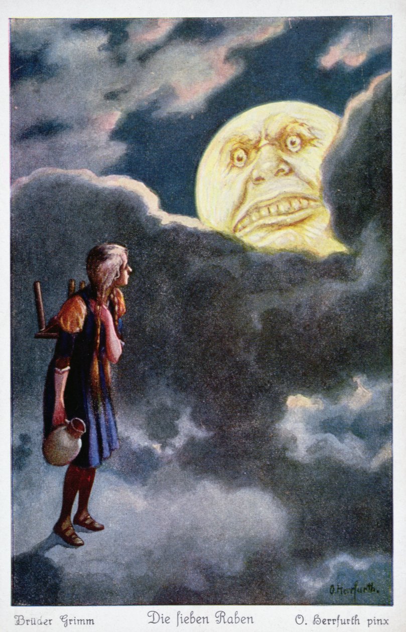La lune menace de manger la jeune fille tentant de sauver ses frères, illustration des Sept Corbeaux par les frères Grimm - Oskar Herrfurth