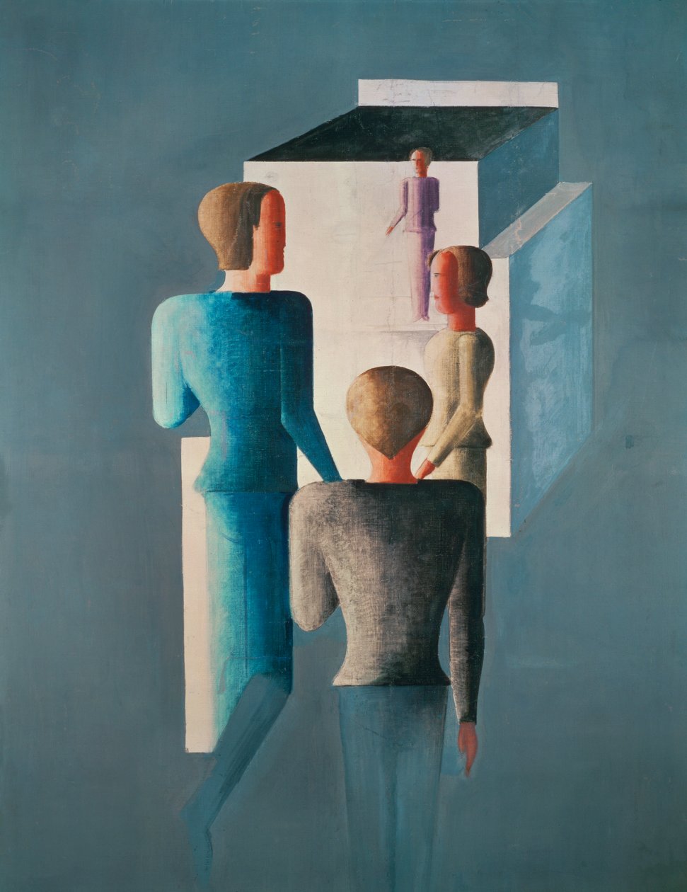 Quatre personnages et un cube (peinture sur toile) - Oskar Schlemmer