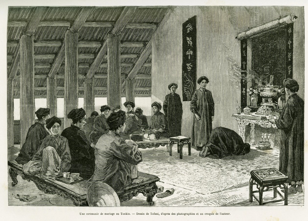 Une cérémonie de mariage au Tonkin. Gravure de Tofani, pour illustrer l