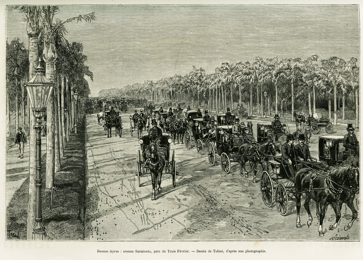 Buenos Aires, avenue Sarmiento, parc Trois Février. Gravure par Tofani, pour illustrer l